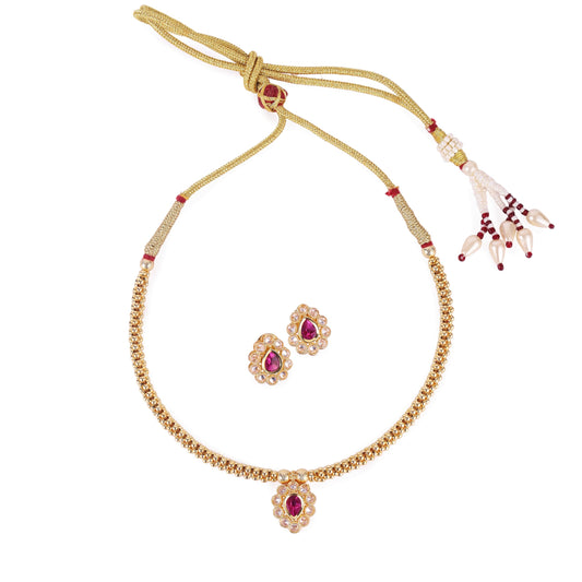Saloni Fashion Jewellery Traditional Oval Shape Golden Balls Pink Stone Gold Plated Choker Necklace Set For Women