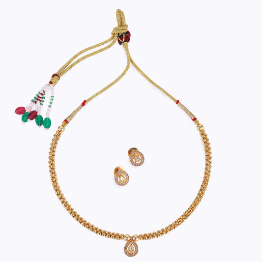 Saloni Fashion Jewellery Traditional Oval Shape Golden Balls White Stone Gold Plated Choker Necklace Set For Women
