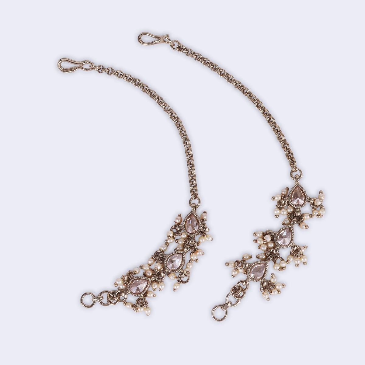 Saloni Fashion Jewellery Traditional Oval Shape Long Chain Gold Plated Set of 2 Pearl Ear-Chain (Kaanchain) For Women