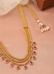 Saloni Fashion Jewellery Traditional Oval Shape Pink Kundan Stone 3 String Small Golden Balls Gold Plated Long Haram Brass Necklace For Women and Girls