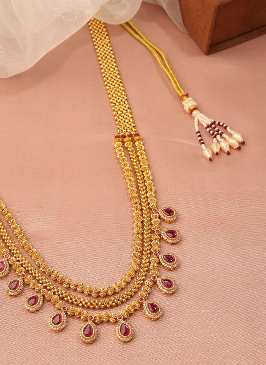 Saloni Fashion Jewellery Traditional Oval Shape Pink Kundan Stone 3 String Small Golden Balls Gold Plated Long Haram Brass Necklace For Women and Girls