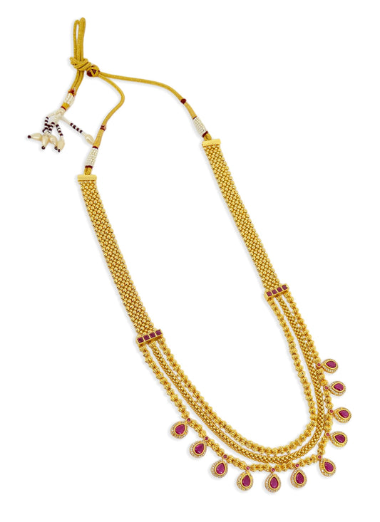 Saloni Fashion Jewellery Traditional Oval Shape Pink Kundan Stone 3 String Small Golden Balls Gold Plated Long Haram Brass Necklace For Women and Girls
