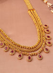Saloni Fashion Jewellery Traditional Oval Shape Pink Kundan Stone 3 String Small Golden Balls Gold Plated Long Haram Brass Necklace For Women and Girls - view 4