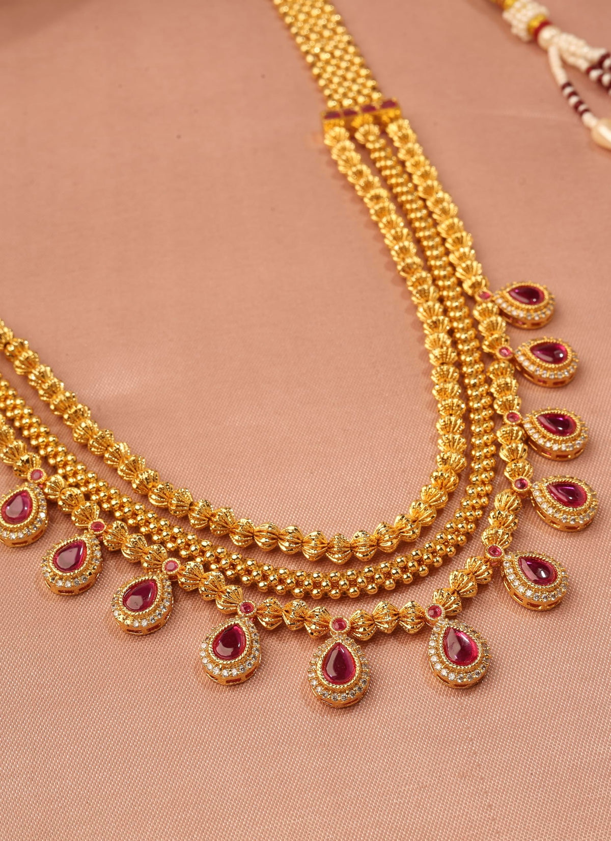 Saloni Fashion Jewellery Traditional Oval Shape Pink Kundan Stone 3 String Small Golden Balls Gold Plated Long Haram Brass Necklace For Women and Girls - view 4