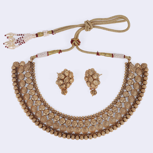 Saloni Fashion Jewellery Traditional Round and Flower Design Gold Plated Choker Necklace Set For Women