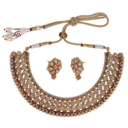 Saloni Fashion Jewellery Traditional Round and Flower Design Gold Plated Choker Necklace Set For Women