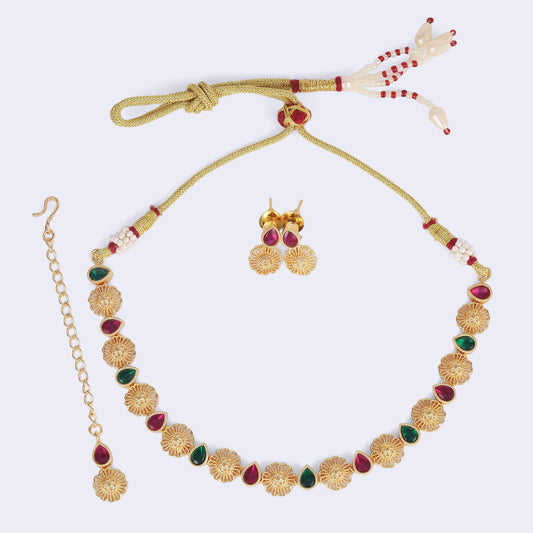 Saloni Fashion Jewellery Traditional Round and Oval Shape Gold Plated Choker Necklace Set For Women