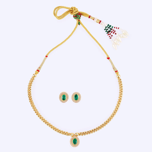 Saloni Fashion Jewellery Traditional Round Shape Golden Balls Green Stone Gold Plated Choker Necklace Set For Women
