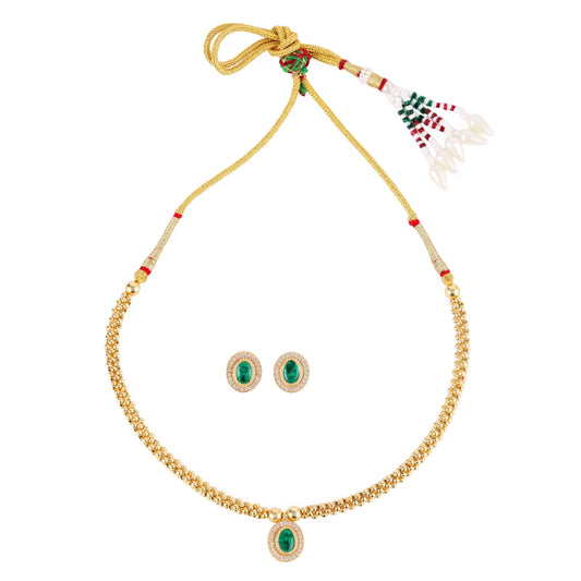 Saloni Fashion Jewellery Traditional Round Shape Golden Balls Green Stone Gold Plated Choker Necklace Set For Women