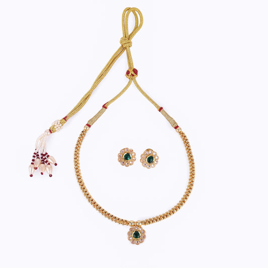 Saloni Fashion Jewellery Traditional Round Shape Golden Balls Green Stone Gold Plated Choker Necklace Set For Women