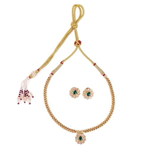 Saloni Fashion Jewellery Traditional Round Shape Golden Balls Green Stone Gold Plated Choker Necklace Set For Women
