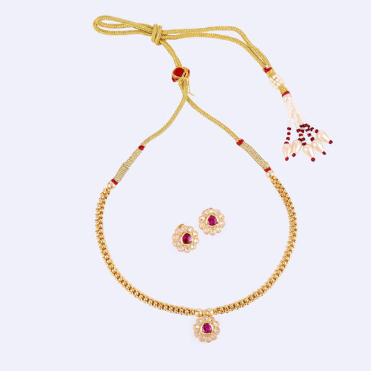 Saloni Fashion Jewellery Traditional Round Shape Golden Balls Pink Stone Gold Plated Choker Necklace Set For Women
