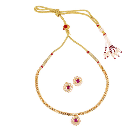 Saloni Fashion Jewellery Traditional Round Shape Golden Balls Pink Stone Gold Plated Choker Necklace Set For Women