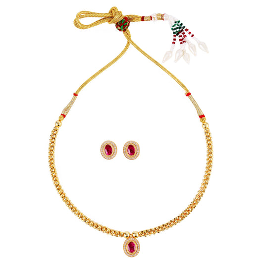 Saloni Fashion Jewellery Traditional Round Shape Golden Balls Pink Stone Gold Plated Choker Necklace Set For Women