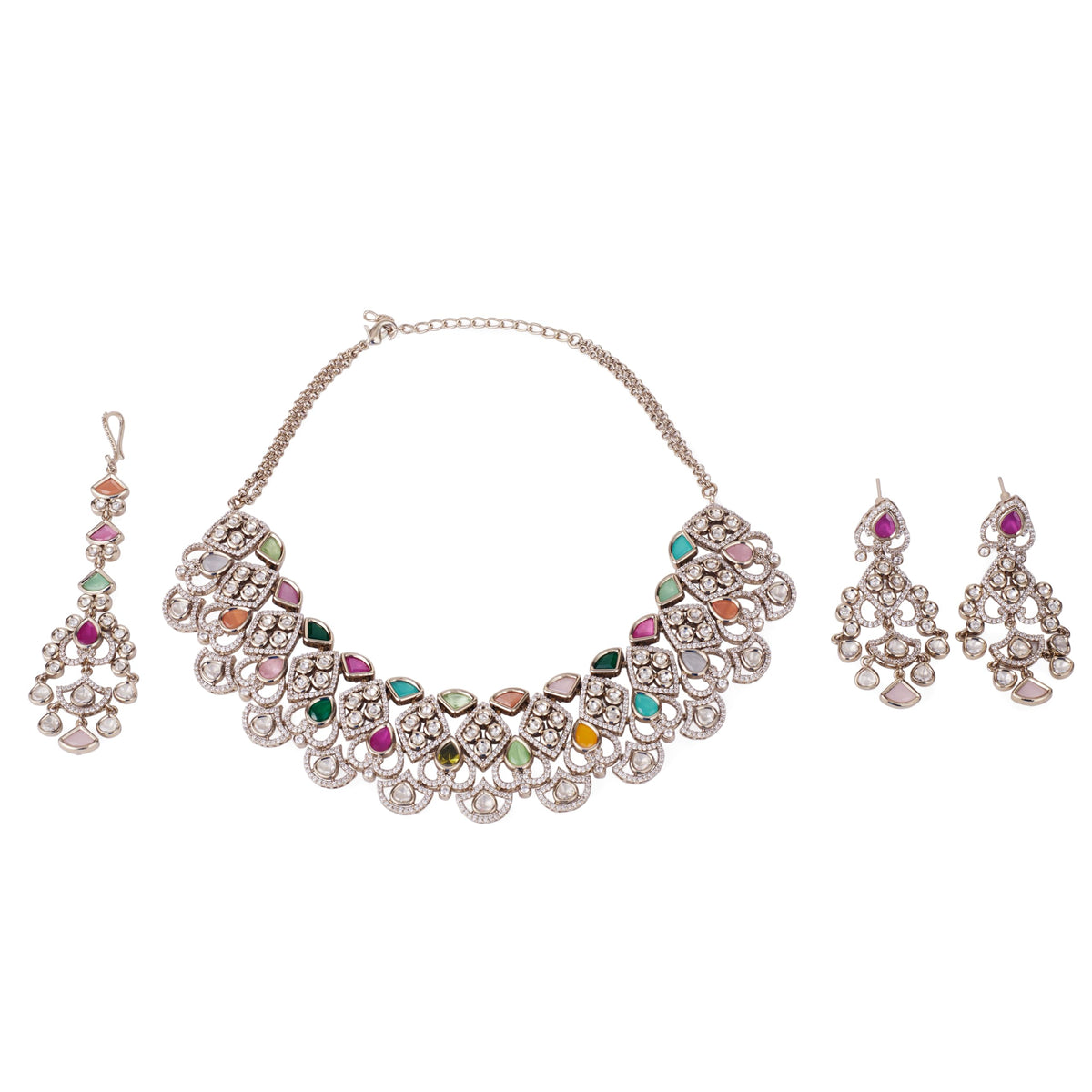 Saloni Fashion Jewellery Triangle Shape Uncut Kundan Stone Gold Plated Brass Choker Necklace Set With Maang Tikka For Women and Girls