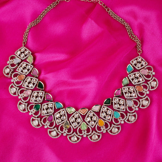 Saloni Fashion Jewellery Triangle Shape Uncut Kundan Stone Gold Plated Brass Choker Necklace Set With Maang Tikka For Women and Girls