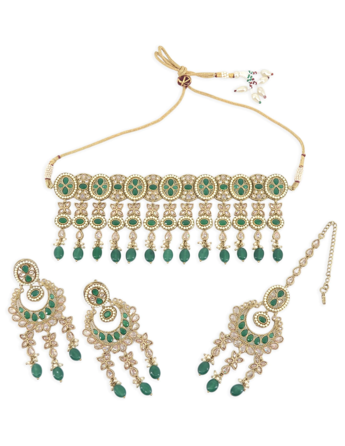 Saloni Fashion Jewellery Wavy Round and Flower Design Uncut Kundan Gold Plated Choker Necklace Set with Maangtikka For Women and Girls