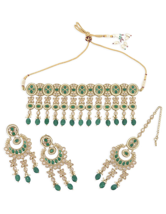 Saloni Fashion Jewellery Wavy Round and Flower Design Uncut Kundan Gold Plated Choker Necklace Set with Maangtikka For Women and Girls